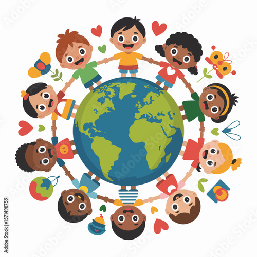 Children Holding Hands Around Earth Globe Illustration