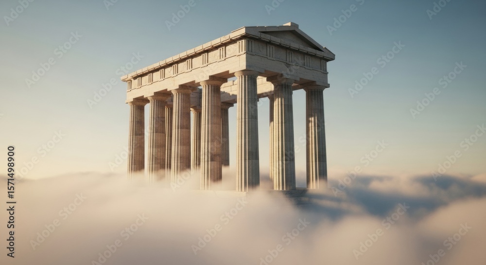 Obraz premium A surreal fantasy image of a classical Greek temple, like the Parthenon, floating majestically on a sea of clouds.