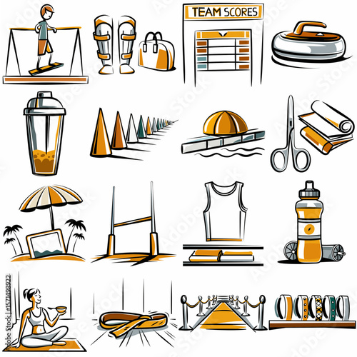 Illustrated sports equipment and activities in vibrant orange colors  