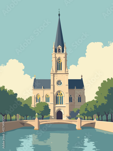 Metz, France – Saint-Stephen Cathedral with golden glass and leafy Esplanade