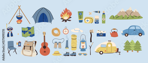 Camping adventure icons set. Hand-drawn flat vector illustration of hiking, trekking, and outdoor expedition gear: backpack, tent, map, compass, flashlight, sleeping bag, and travel supplies.