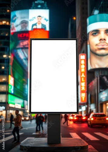A sleek rectangular panel screen bathed in the glow of the city lights stands blank a silent canvas for an urban billboard's creative message A mock-up of a city outdoor poster its surface ready for a