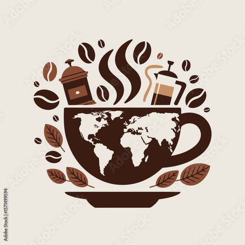 Coffee Cup with World Map and Coffee Bean Illustration
