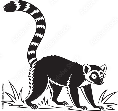 Vector illustration of a ring tailed lemur with detailed fur and tall tail silhouette