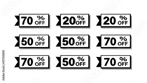 Special offer discount label with different sale percentage. 10, 20, 30, 70, 50 percent off price reduction badge promotion design emblem set vector illustration isolated on white background
