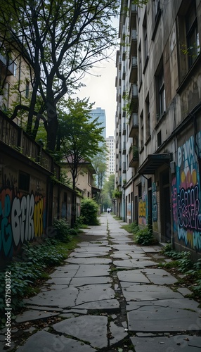 Urban Contrast: Decayed Alley Beside Modern Skyscraper Background