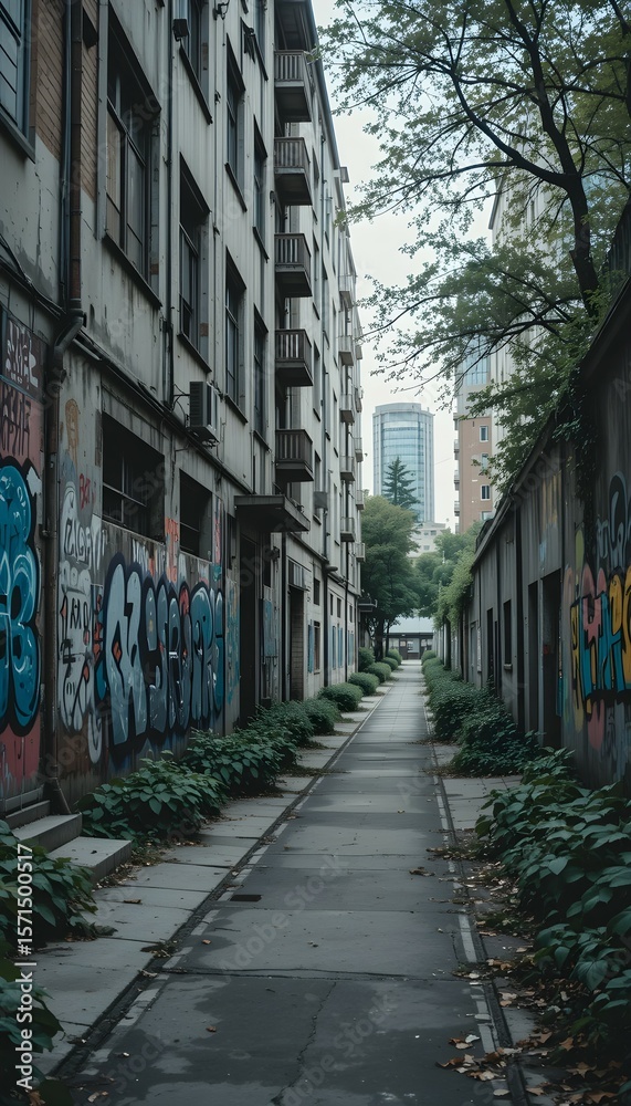 Fototapeta premium Abandoned Urban Alley with Graffiti and Overgrown Weeds
