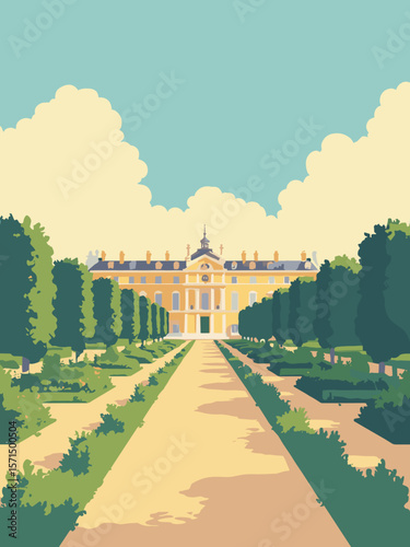 Versailles, France – symmetrical gardens and opulent palace under golden sunlight