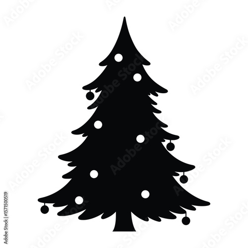 A black christmas tree decorated with ornaments is isolated on white background, representing the holiday season