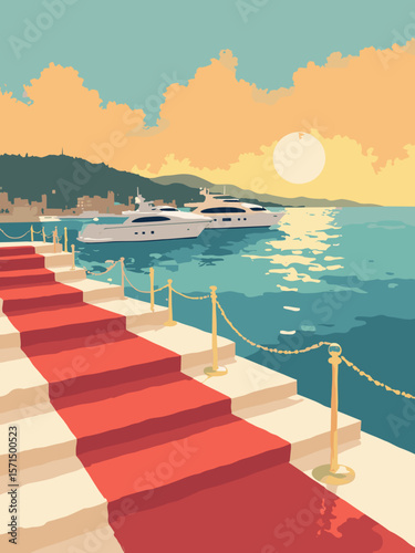 Cannes, France – red carpet stairs and luxury yachts during golden hour