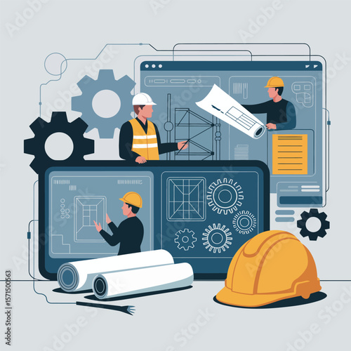 Construction workers with blueprints and gear in a vector illustration