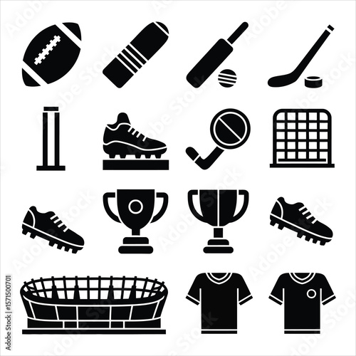 Sports equipment and apparel collection with trophies and stadium football cricket bat