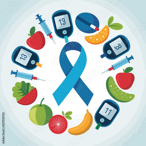 Diabetes Awareness Illustration with Blue Ribbon, Fruits, Glucose Meters, and Syringes