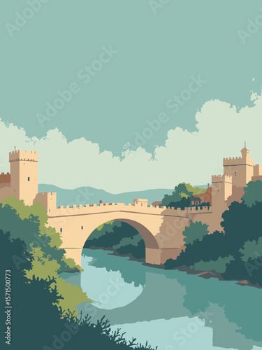 Béziers, France – Pont Vieux over the Orb River with medieval towers in sandstone, river teal, moss green, and twilight gray