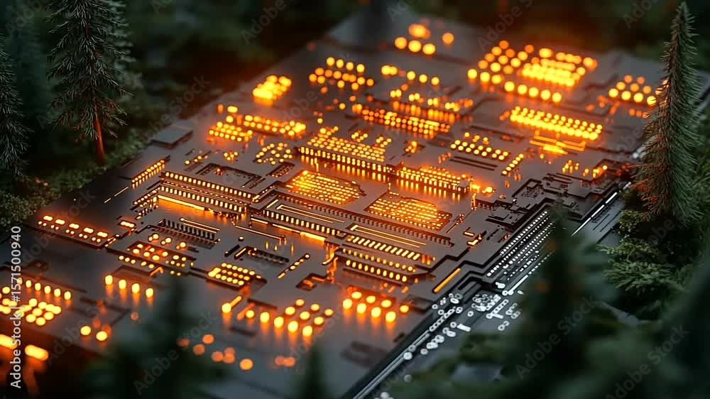 Futuristic circuit board nestled within a vibrant forest ecosystem, integrated technology