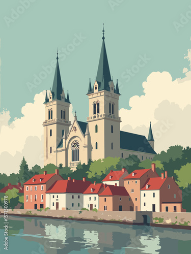 Bayonne, France – Gothic cathedral façade flanked by half‑timbered houses in dark red, white, forest green, and taupe