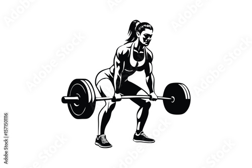 muscular woman powerlifting weight, barbell, weightlifting, athletic, fit, silhouette, black and white, detailed, digital illustration