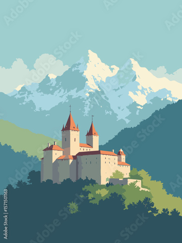 Pau, France – Boulevard des Pyrénées view of Pau Castle and peaks in sandstone, snow white, sky blue, and moss