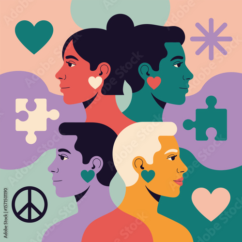 Diverse People Silhouettes with Heart Earrings, Puzzle Pieces, and Peace Symbol