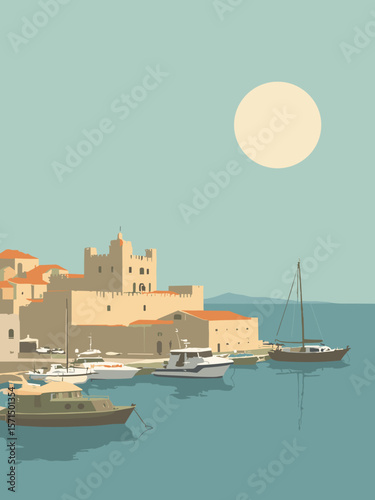 Bastia, France – Genoese citadel and harbor boats under Corsican sun in ochre, harbor blue, olive green, and stone gray