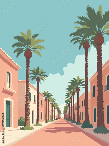 Ajaccio, France – Maison Bonaparte on palm‑lined street in coral, cream, olive, and azure sky