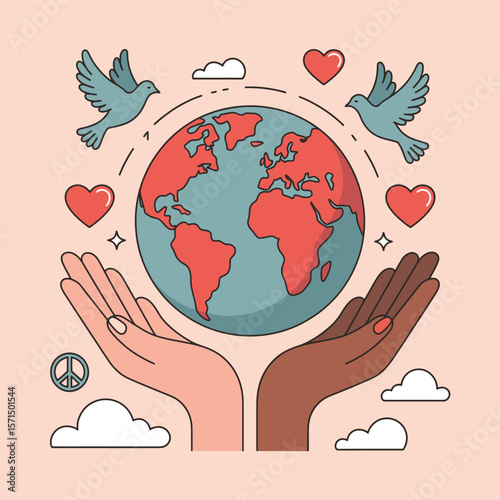 Earth Globe Held in Hands with Doves Hearts and Peace Symbol