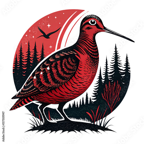An otherworldly red, black woodcock logo design on white background