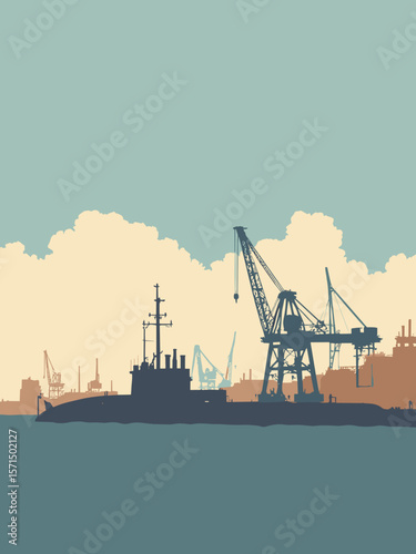 Saint-Nazaire, France – submarine base silhouette and shipyard cranes in charcoal, rust, harbor blue, and factory beige