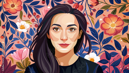 Against a field of soft floral wallpaper, the woman’s dark clothing forms a striking contrast. She holds still, warm eyes and modest smile capturing timeless grace in this portrait moment.