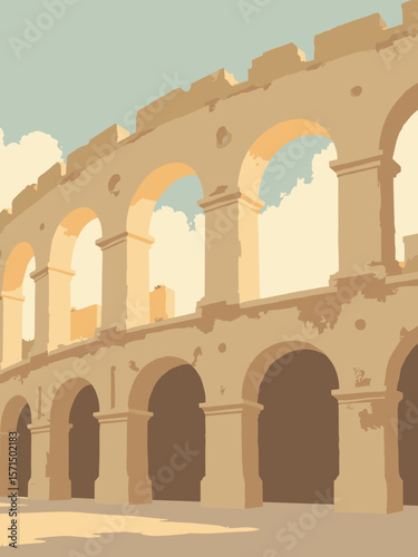 Arles, France – Roman amphitheater arches at golden hour in limestone beige, shadow bronze, sky gold, and olive drab