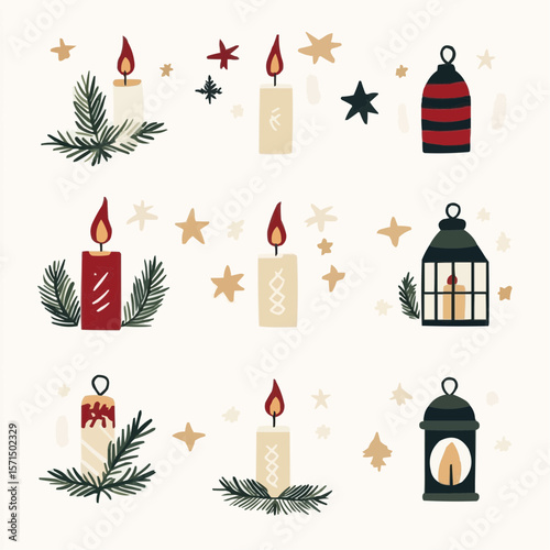  flat winter candle and lantern set with festive stars, pine branches and cozy light for Christmas packaging, greeting cards, wrapping paper and winter decor
