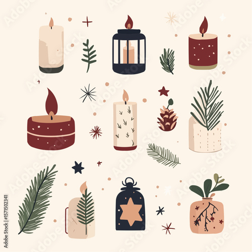 Cozy flat holiday candles and lanterns set with stars, pine branches and festive details for Christmas packaging, greeting cards, wrapping paper and winter decor