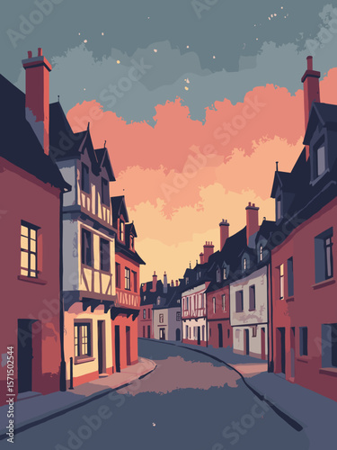 Troyes, France – timbered houses lining narrow streets under twilight in brick red, ochre, cream, and slate gray