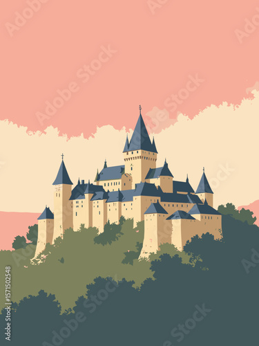 Carcassonne, France – citadel walls and turrets on the hill in sandstone beige, slate roof, olive, and sunset pink