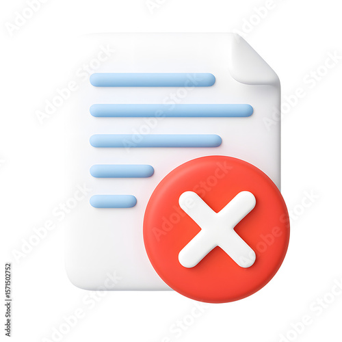 3D document icon with blue text lines and red cancel cross symbol isolated on transparent background