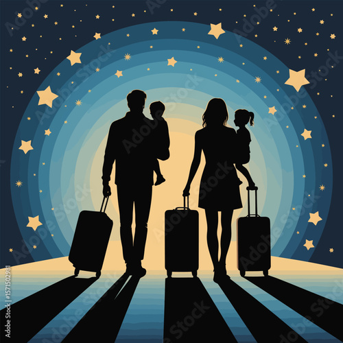 Family Silhouette with Luggage Walking Under Starry Night Sky