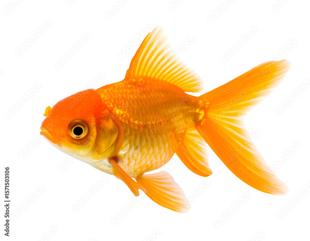 Fototapeta premium A vibrant orange goldfish swims gracefully, showcasing its beautiful fins and scales in detail.