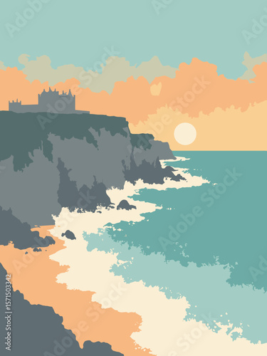 Dieppe, France – seaside cliffs and castle silhouette against azure waves in cliff gray, sea teal, cream, and sunset orange