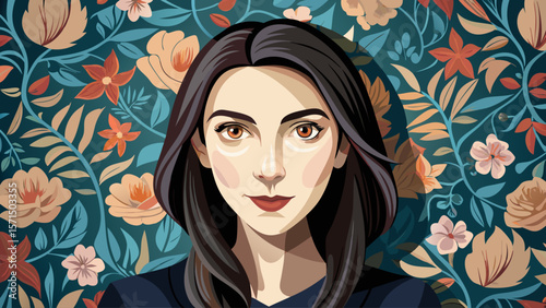 Against a field of soft floral wallpaper, the woman’s dark clothing forms a striking contrast. She holds still, warm eyes and modest smile capturing timeless grace in this portrait moment.