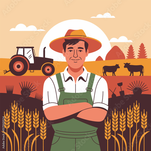 Farmer in Hat with Arms Crossed in Wheat Field with Tractor and Cows