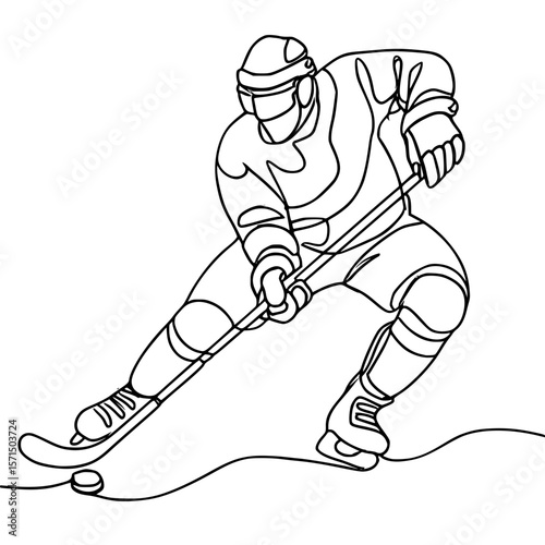 Hockey Player in Action with Stick and Puck Continuous Line Art
