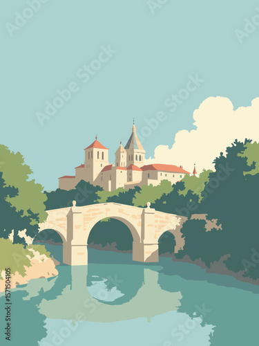 Saintes, France – Roman arch and cathedral silhouette over Charente River in stone, river green, cream, and sky blue