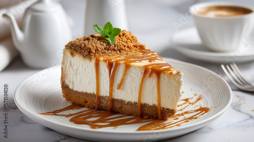 Biscoff cheesecake slice with caramel topping on white ceramic plate