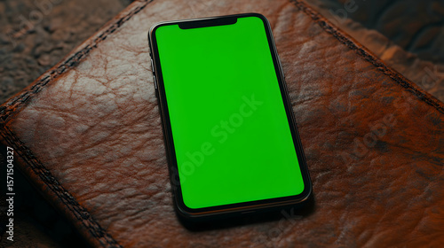 Smartphone with green screen on brown leather surface