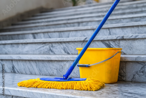 Cleaning supplies on marble steps with mop and bucket