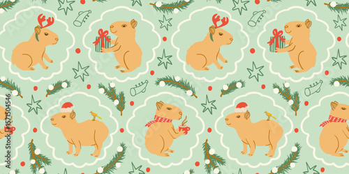 Cute Capybara Christmas Seamless Pattern. Holiday Animals with Gifts, Hot Cocoa, and Santa Hats. Festive Winter Background.