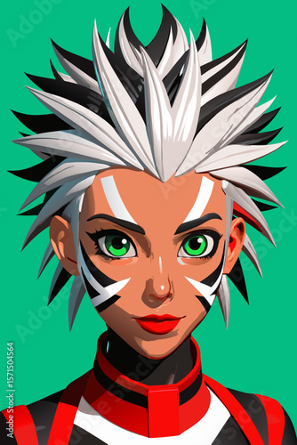 Tribal-Fusion Fashion Portrait of Woman with Spiky White Mohawk, Vibrant Face Paint and Kimono in Photorealistic Detail – Modern Cultural Aesthetic on Black Background – Generative AI