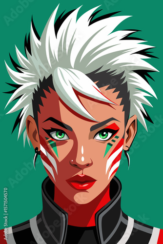 Tribal-Fusion Fashion Portrait of Woman with Spiky White Mohawk, Vibrant Face Paint and Kimono in Photorealistic Detail – Modern Cultural Aesthetic on Black Background – Generative AI