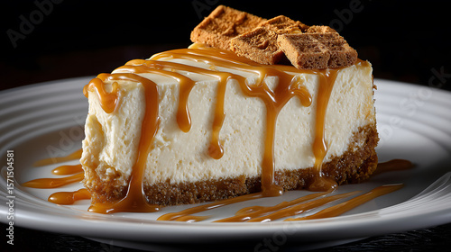Biscoff cheesecake slice with caramel topping on white ceramic plate