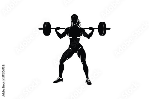 muscular woman powerlifting weight, barbell, weightlifting, athletic, fit, silhouette, black and white, detailed, digital illustration